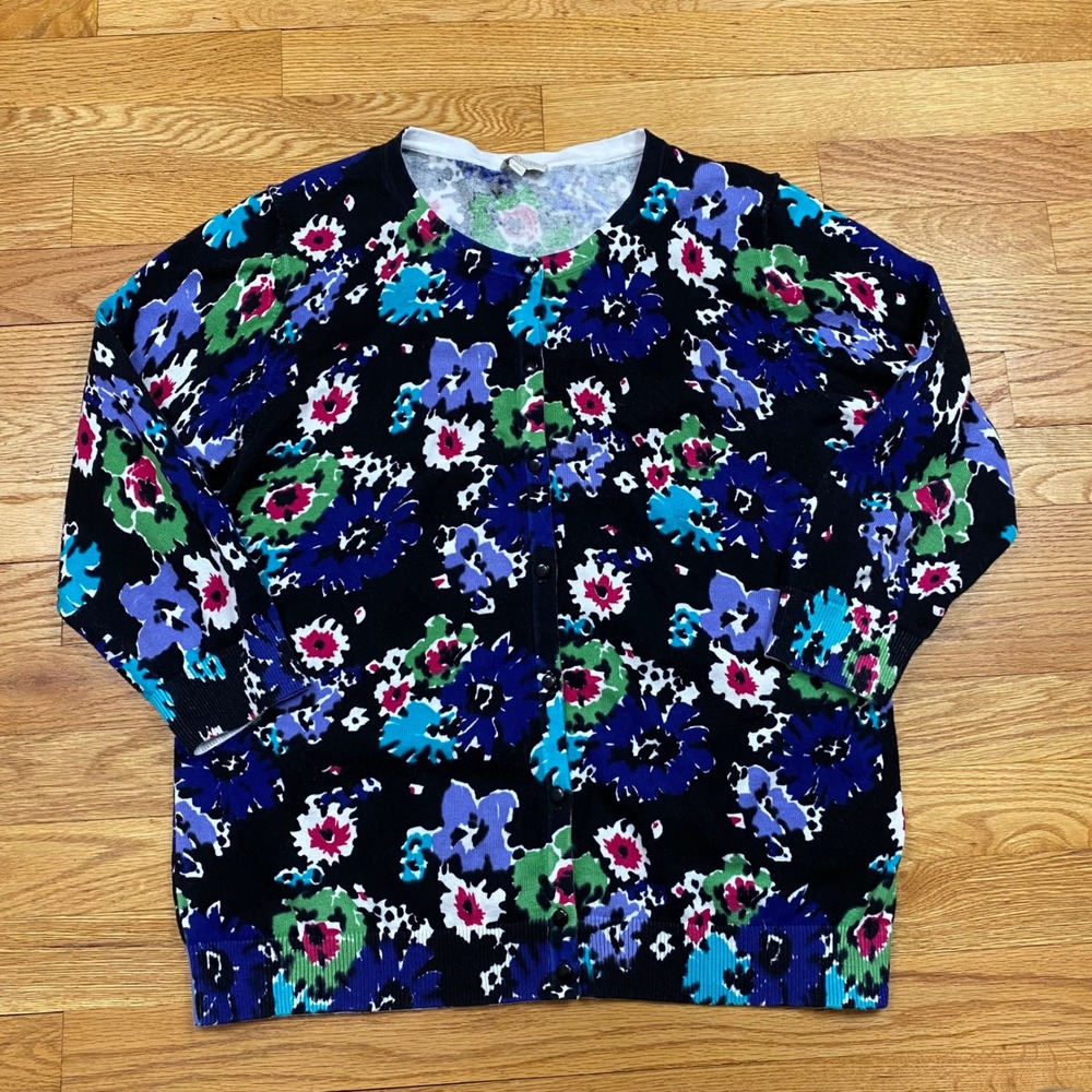 Talbots Floral Cardigan Women Large Black Blue Pink Cotton Knit Cottage Retro